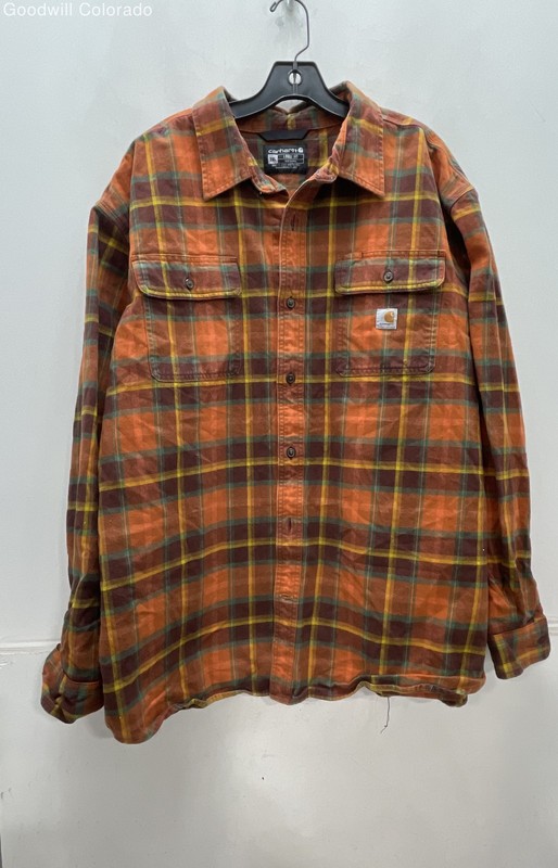 Carhartt Mens Orange Brown Plaid Cotton Flannel Button-Up Shirt Size 2XL