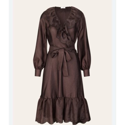 Stine Goya Steffi Midi Dress sz: M Brown Wrap Embroidered Neutral Long Sleeve