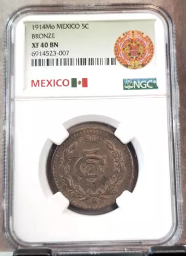 1914 MEXICO 5 CENTAVOS 5C REPUBLIC NGC XF 40 EXTREMELY RARE KEY DATE HIGH GRADE