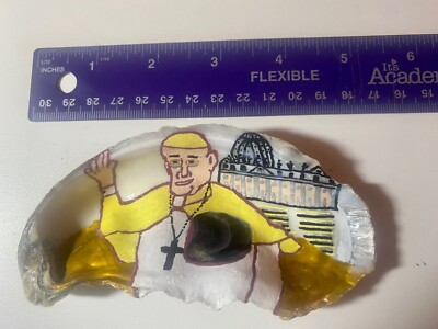 Honoring life of Pope Francis w/ an oyster shell acrylic painting by Lee Arnold