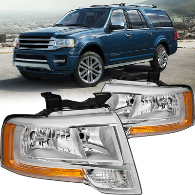 For 2015-2017 Ford Expedition Chrome Headlights Headlamps Assembly Pair LH+RH