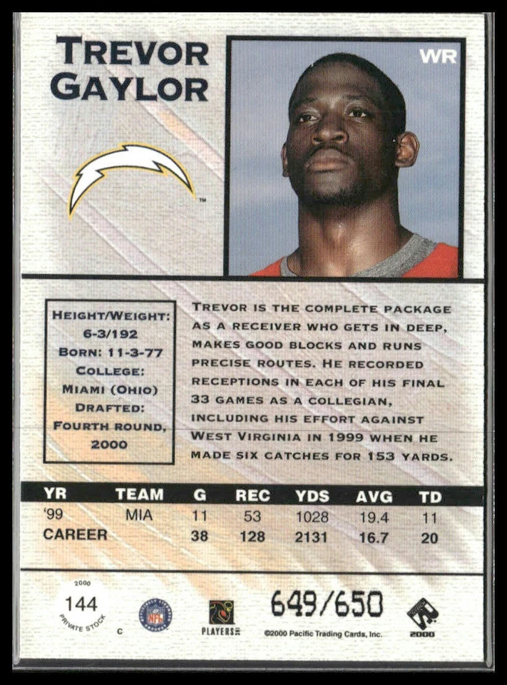 Trevor Gaylor Rookie #144 2000 Pacific Private Stock Retail #/650 - Image 2 of 2