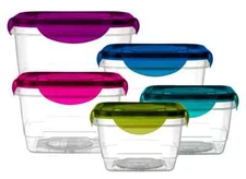 LexiHome 10 Piece Square Lock and Seal Plastic Food Container Set, Color Coded