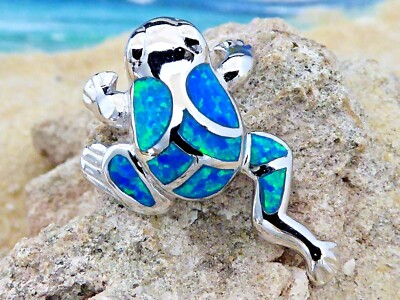 SILVER FROG SLIDE PENDANT REAL STERLING  BLUE FIRE OPAL, Rhodium finish.