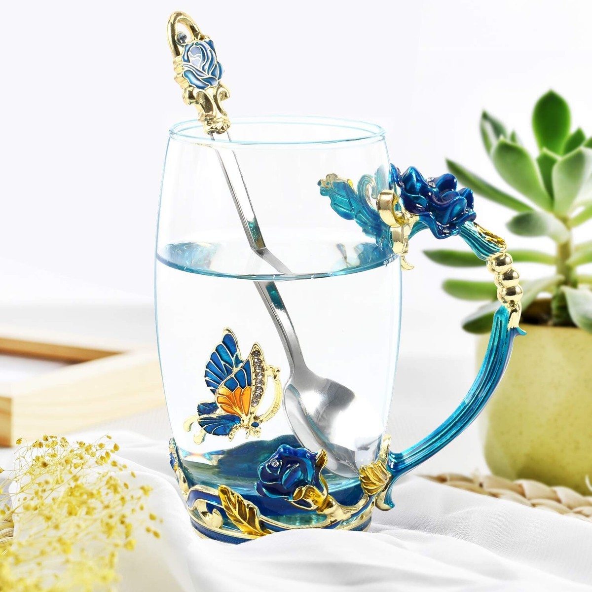 WOBOX Flower Tea Cup Glass Coffee Mugs with Spoon, Valentines Day 