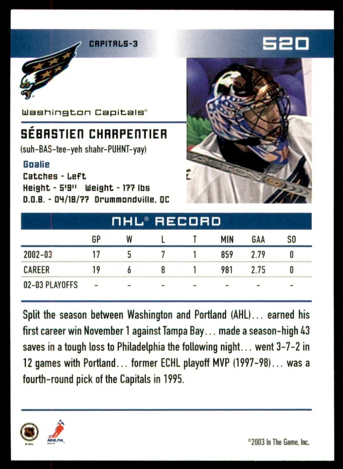 2003-04 In The Game Action Sebastien Charpentier #520 - Image 2 of 2