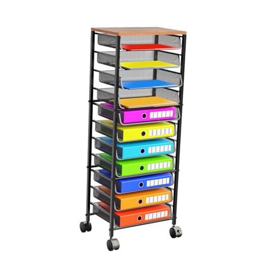 12-Tier Wooden Rolling File Organizer with Sliding Trays-image
