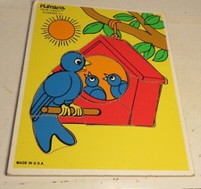Playskool Puzzle Bluebirds Vintage Wooden 6 Pc Made In USA 1985 Wood Tray 186-06