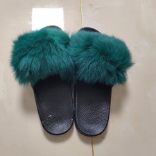 Real fox Fur Slippers Women Fluffy Indoor House Flat SlidesBeach Sandals USA8