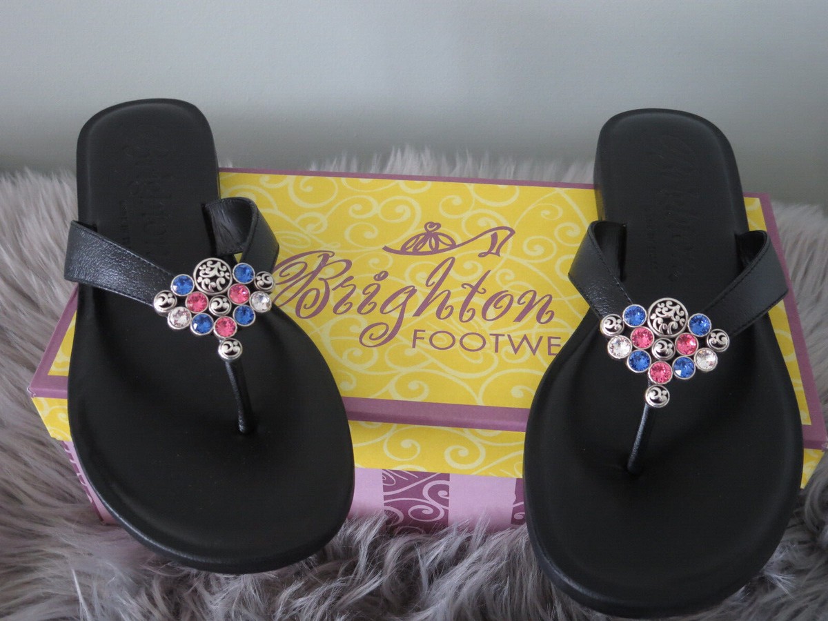 BRIGHTON AMAZE CRYSTAL BLACK LEATHER FLIP FLOP SANDALS-SZ