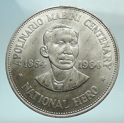 1964 PHILIPPINES Birth of HERO Apolinario Mabini Large 1 Peso SILVER Coin  i79787 | eBay