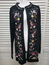 Victor Costa Open Cardigan Black Sweater Floral Embroidery Silk Blend Sz Medium