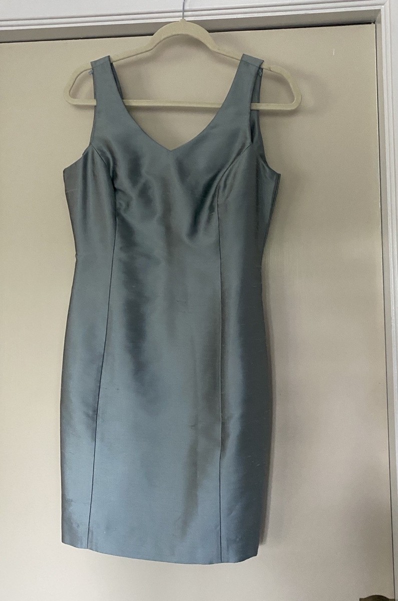 Ann Taylor Petites 100% Silk Slate Blue Sheath Dress 8P Wedding Guest Formal
