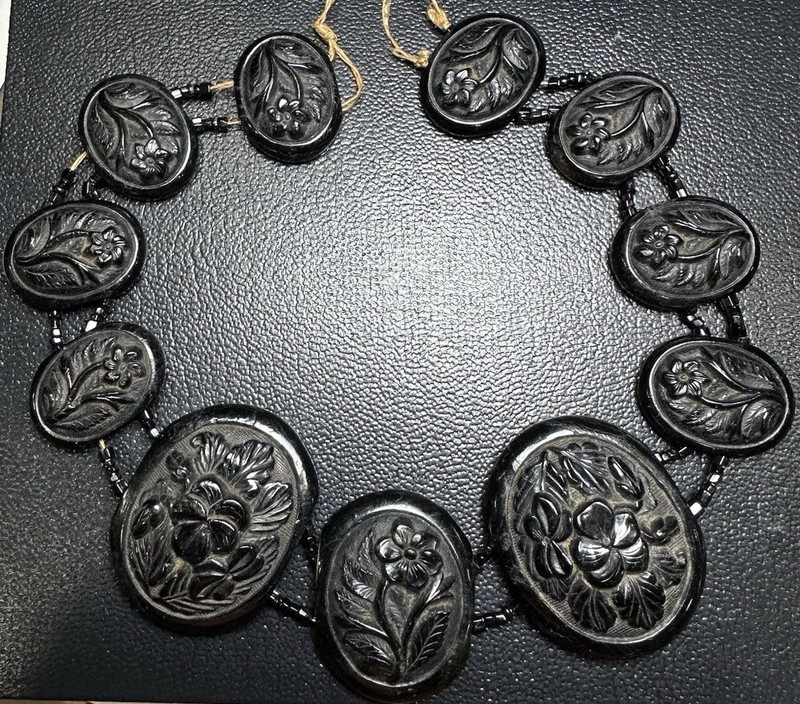 Antique 1860's Mourning Victorian Gutta Percha Carved Floral Necklace 12" A-258