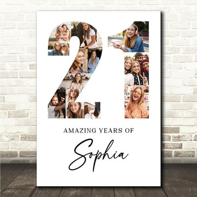 Fotocollage 21. Geburtstag Geschenk für Sie 13 - Foto Alter 21 Weißdruck oder Leinwand