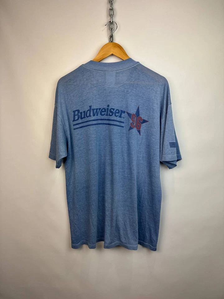 1996 Винтажная футболка Budseiser Blue Red Star графическое пиво - Изображение 4 из 4