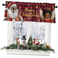 Christmas Kitchen Curtains 52×18 Inch Red Buffalo Plaid Xmas Short Black Santa