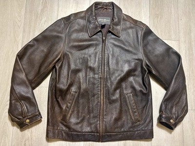 VTG 90s Eddie Bauer Brown Distressed Leather Car Coat Jacket Men s Large Tall