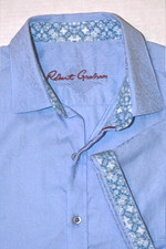 ROBERT GRAHAM Short Sleeve Blue Embossed Paisley Shirt Flip Sleeve sz L NICE