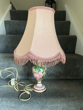 Vintage Porcelain Table Lamp with Floral Rose Design and Pink Tassel Shade VGC