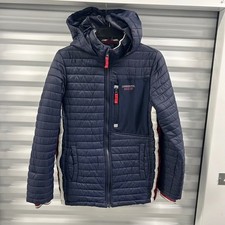 London Fog Kids Puffer Jacket Hooded Navy Blue Red White Trim Size L 10 16