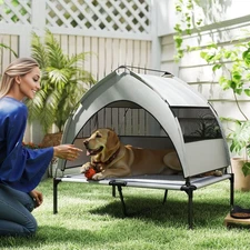 Elevated Dog Bed with Canopy & Cooling Pad - 66lbs Capacity, Breathable Mesh