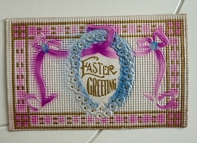 Easter Postcard Ribbon Pink Gold Gilt Cross Stitch Look Forget Me Nots Unique