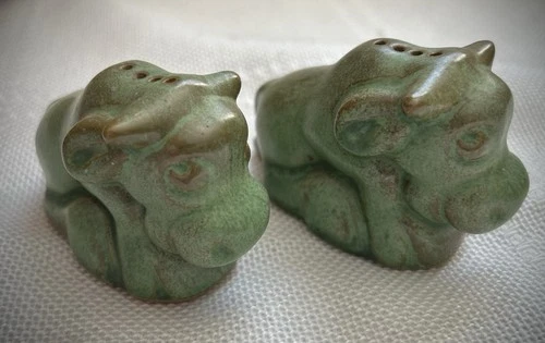Vintage Frankoma Green Bull Salt and Pepper Shakers