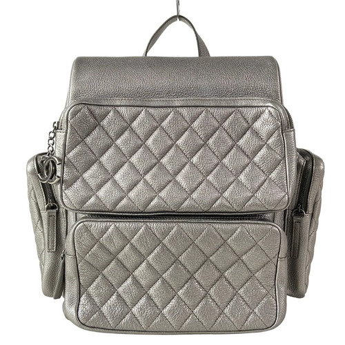 Chanel Matelasse Backpack A98520 Silver Calf Skin