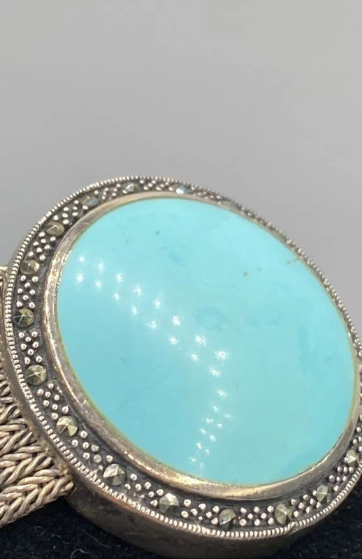 Sterling Silver Round Turquoise w/ Marcasite Multi Strand Chain Bracelet 68.3g - Image 4 of 4