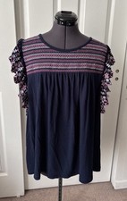 CROWN & IVY Navy Blue Pink Embroidered Flutter Cap Sleeve T-Shirt Top XXL