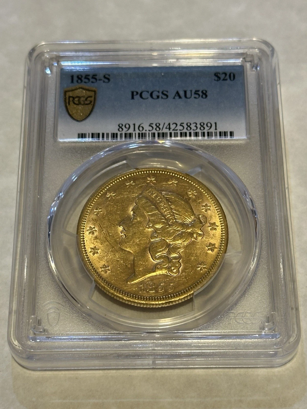 1855-S AU58 PCGS Liberty Double Eagle $20 Gold Coin great appeal lustrous PQ