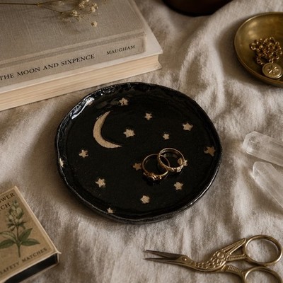 Handmade Studio Pottery Celestial Trinket Dish Black Crescent Moon Stars 6''