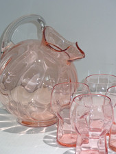 Vintage Cambridge Elegant Glass Pink Peach Blow Tilt Ball Pitcher w/ 4 Tumblers