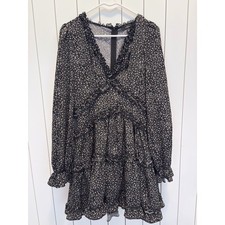 Lulus Mini Dress Womens L Black Pink Ditsy Floral Ruffle Tiered Cottagecore