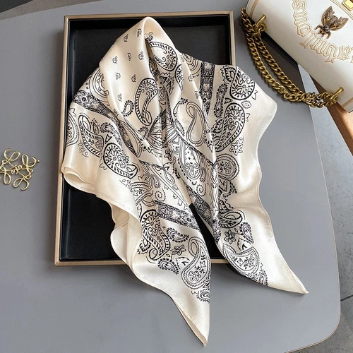 100% Silk 26" Square Scarf Women Neckerchief Bandana Vintage Blakc White Paisley - Picture 6 of 12