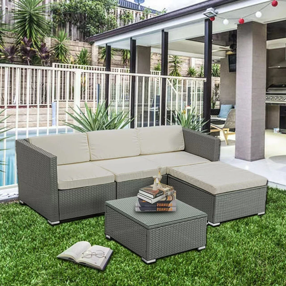 Rattan Garden Furniture Outdoor 5pcs Patio Sofa Set chairs Table Rupert Grey