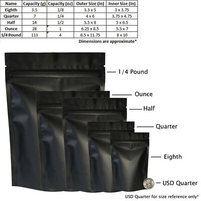 Matte Black Barrier Resealable Standing Storage Bags Oz to 1/4 Pound Sizes