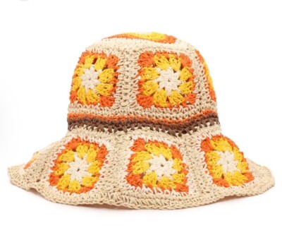 Steve Madden Boho Hippie Crochet Bucket Hat Granny Square Orange & Yellow