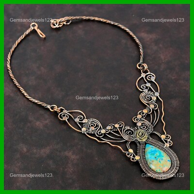 Shattuckite Gemstone Chain Birthday Wire Wrapped Flower Necklace Jewelry Copper
