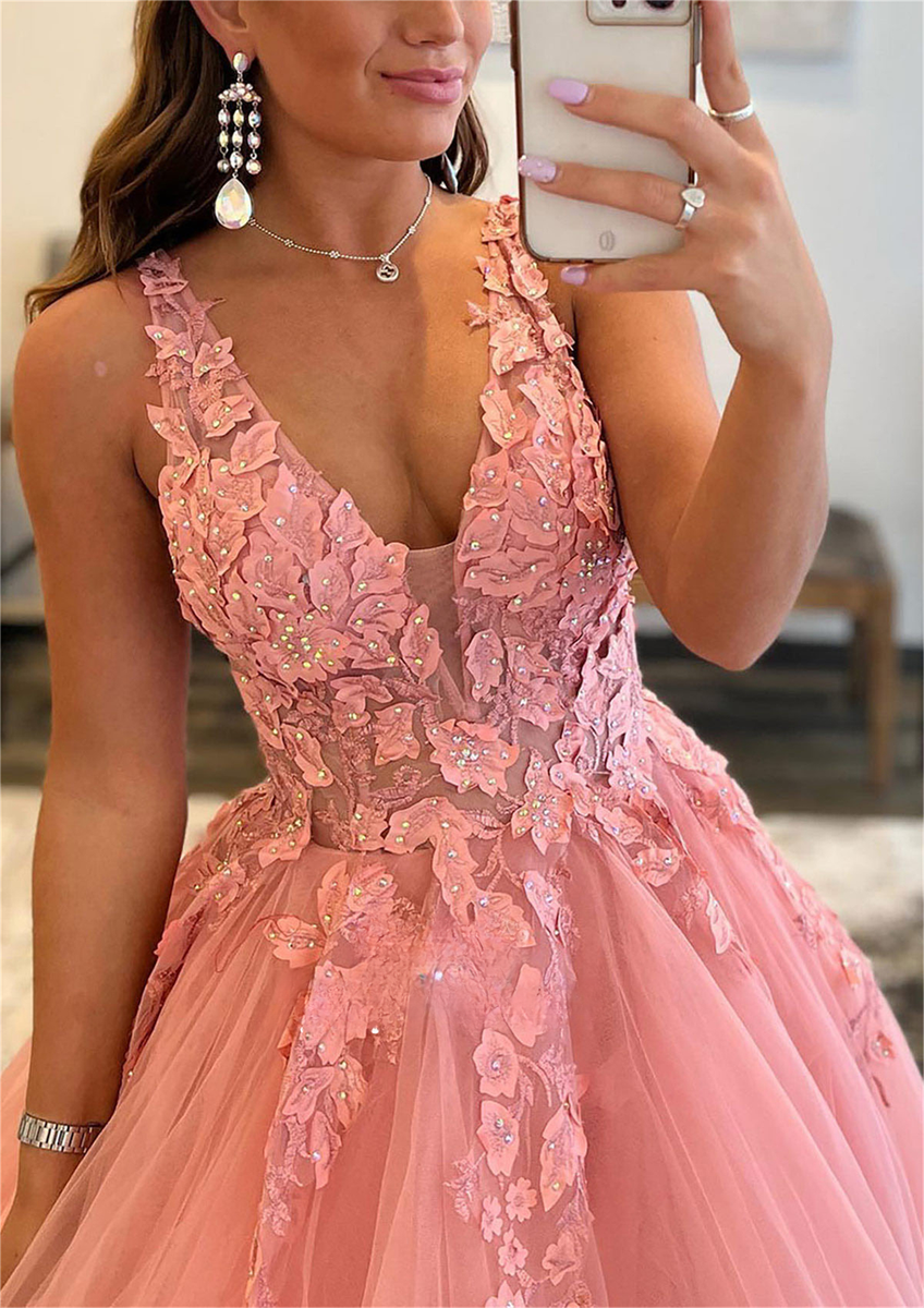 A-Line Prom Dresses Open Back Dress Formal Wedding Guest Floor Length Sleeveless V Neck Tulle Backless with Pleats Beading Appliques 2025 Coral 6 A-Line Prom Dresses Open Back Dress Formal Wedding Guest Floor Length Sleeveless V Neck Tulle Backless with Pleats Beading Appliques 2025 Coral 6