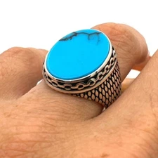 Blue Turquoise Gemstone 925 Silver Handmade Turkish Mens Rings Jewelry MR#434