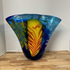 Hand Blown Multi Colored Studio Art Glass Vase 13" Viz Glass