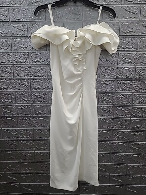 New Xscape Shot Scuba Crepe Off The Shoulder Ruffle Dress Ivory Size 6 |  eBay