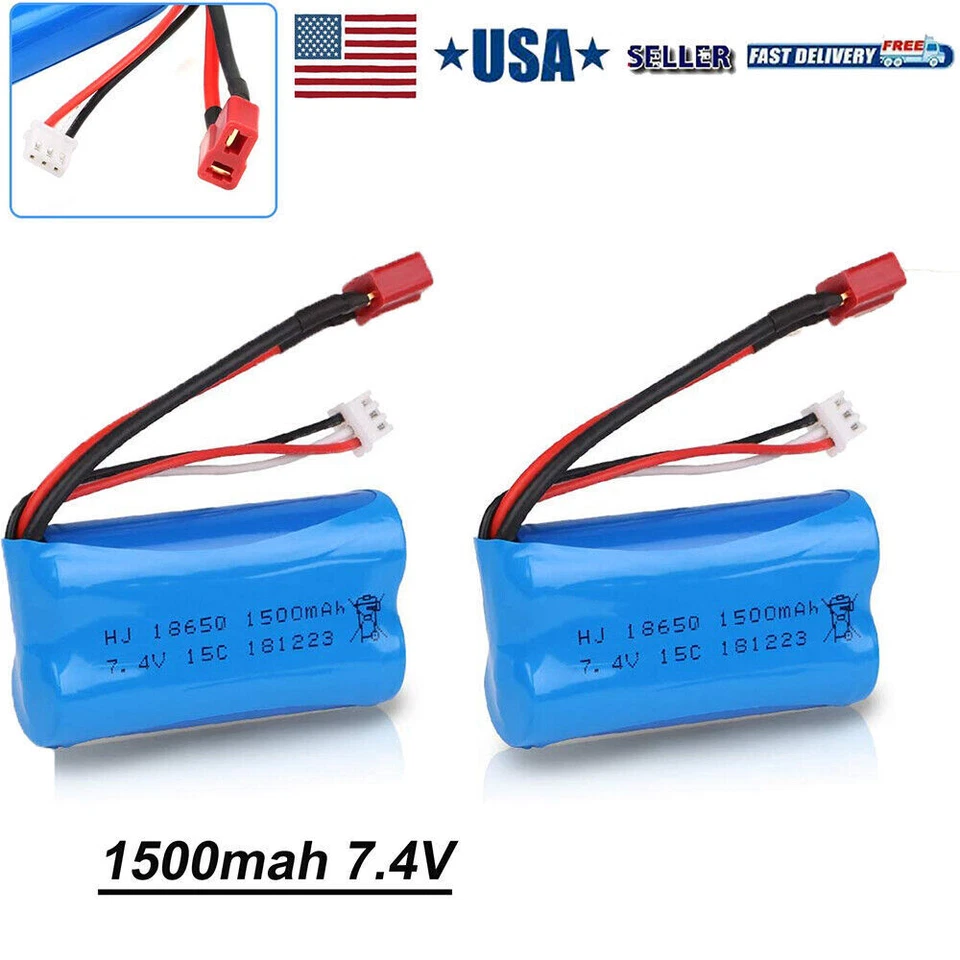 2 Pcs 7.4V 1500mAh Li-ion Battery T-Plug for WLtoys 4WD RC Car 12403 12401 12402 - Image 2 of 4