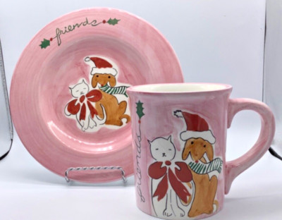 Christmas Coffee Mug Cup & Dessert Plate Trish Richman Cat Dog Friends, At Home