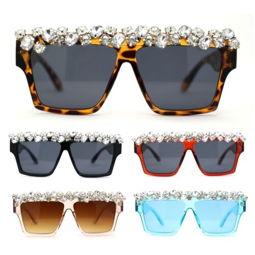Huge Dripping Nugget Rhinestone Brow Flat Top Horn Rim Sunglasses - Picture 1 of 21