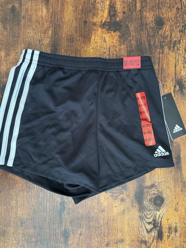 adidas Girls Black/White Stripe Athletic Mesh Shorts Pull-On Elastic Waist