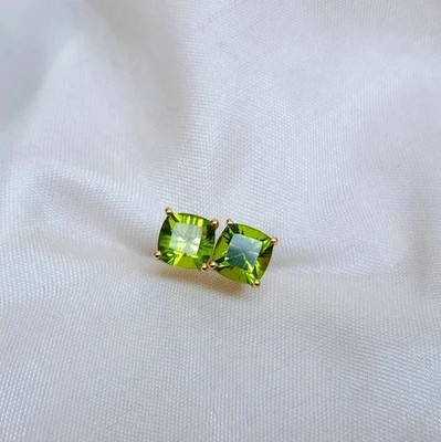 3Ct Cushion Cut Natural Peridot Diamond Real 14K Yellow Gold Luxury Earring Stud