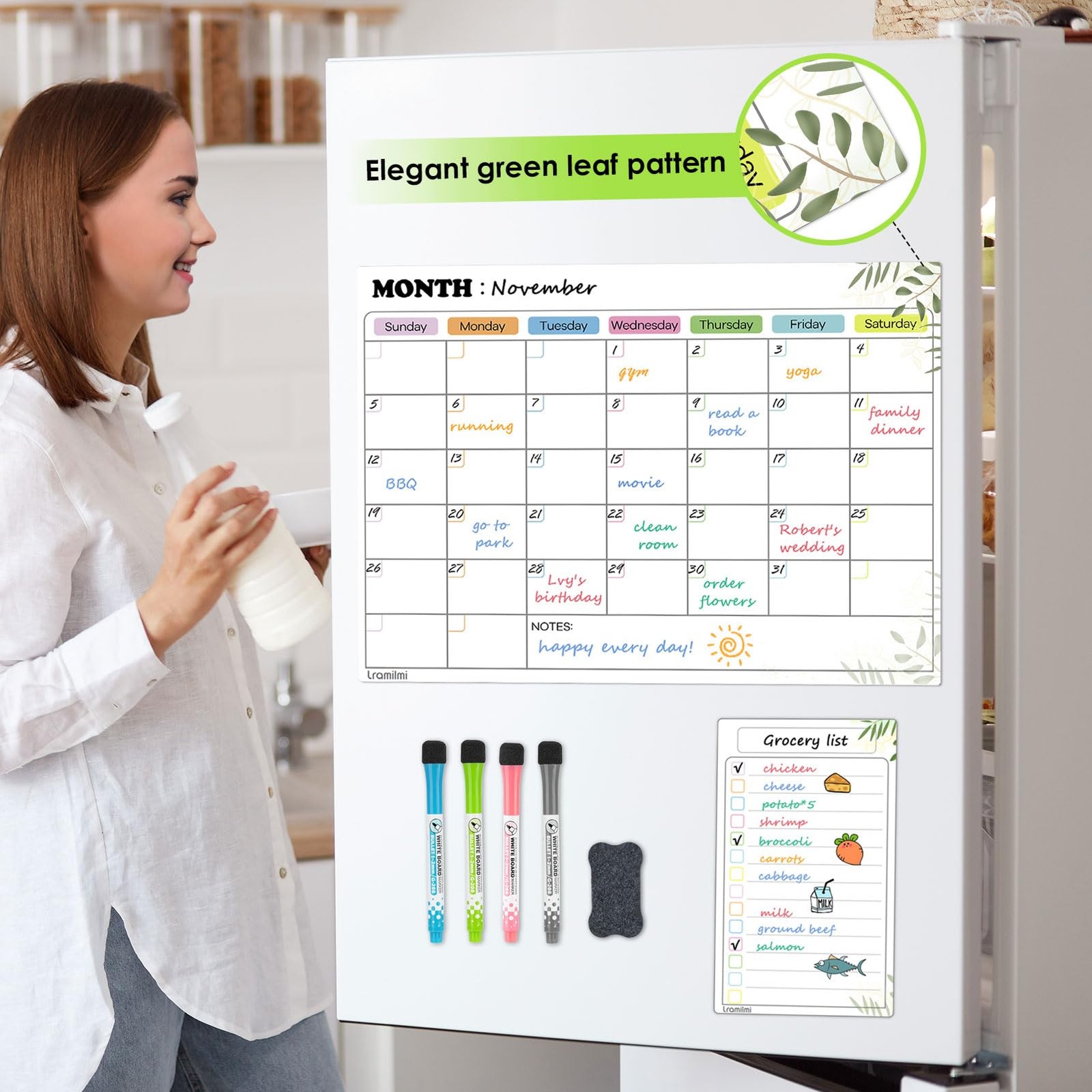 Magnetic Dry Erase Calendar for Refrigerator Greenery Monthly Whiteboard Planner